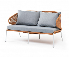 Диван двухместный Милан 4SIS из роупа (веревки), каркас алюминий светло-серый (RAL7035) шагрень, роуп оранжевый меланж круглый, ткань светло-серая