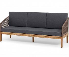 Канны диван 3-местный плетеный из роупа, основание дуб, роуп коричневый круглый, ткань темно-серая 027