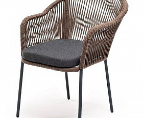 Стул Лион 4SIS плетеный из роупа, каркас из стали серый (RAL7022) муар, роуп коричневый круглый, ткань темно-серая 27