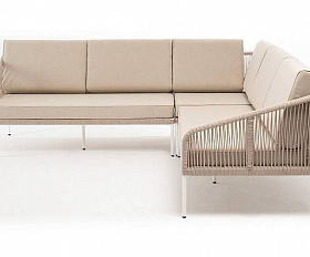 Диван Канны 4SIS модульный плетеный из роупа, каркас алюминий белый, роуп бежевый круглый, ткань бежевая 15052