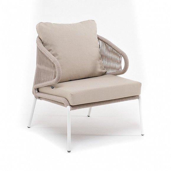 Кресло плетеное Милан 4SIS из роупа, каркас алюминий белый шагрень, роуп бежевый круглый, ткань бежевая фото 2