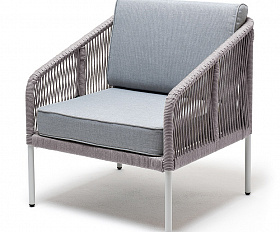 Канны кресло плетеное из роупа, каркас алюминий светло-серый (RAL7035) муар, роуп светло-серый круглый, ткань светло-серая