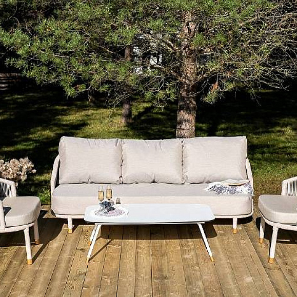 Лаунж-Зона Верона 4SIS 5-местная плетеная из роупа (веревки), каркас алюминиевый белый, роуп бежевый фото 1