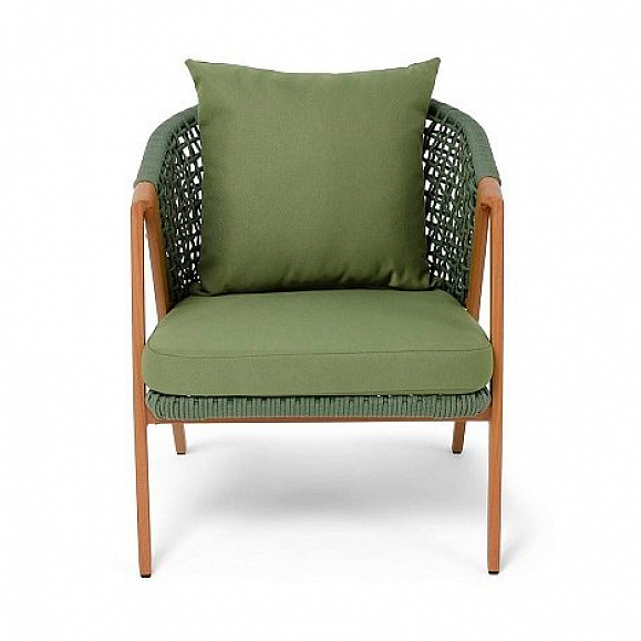 Кресло Амстердам 4SIS плетеное из роупа, каркас алюминий, роуп зеленый круглый, ткань зеленая фото 2