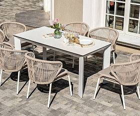 Обеденная Венето 4SIS группа на 6 персон со стульями Милан, каркас белый, роуп бежевый