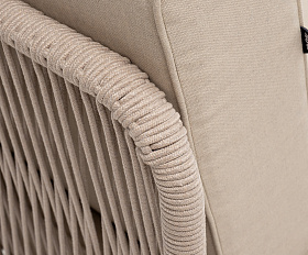 Канны угловой модуль плетеный из роупа, каркас алюминий белый муар, роуп бежевый круглый, ткань бежевая 15052