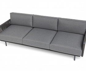 Джелло диван 3-местный плетеный из роупа, каркас алюминий темно-серый (RAL7024) муар, роуп темно-серый круглый, ткань темно-серая 027