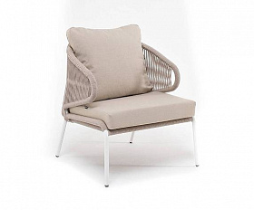 Кресло Милан 4SIS плетеное из роупа, каркас алюминий белый муар, роуп бежевый круглый, ткань бежевая 35
