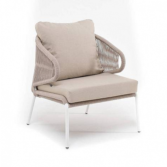 Кресло Милан 4SIS плетеное из роупа, каркас алюминий белый муар, роуп бежевый круглый, ткань бежевая 35 фото 2