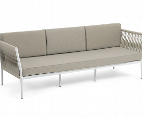 Касабланка диван 3-местный плетеный из роупа, каркас алюминий белый муар, роуп бежевый 20мм, ткань бежевая 15052
