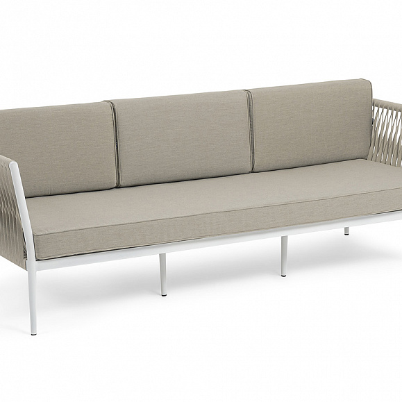 Касабланка диван 3-местный плетеный из роупа, каркас алюминий белый муар, роуп бежевый 20мм, ткань бежевая 15052 фото 3