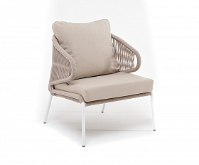 Милан кресло плетеное из роупа, каркас алюминий белый муар, роуп бежевый круглый, ткань бежевая 15052