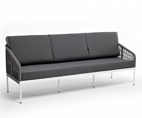 Канны диван 3-местный плетеный из роупа, каркас алюминий белый муар, роуп светло-серый круглый, ткань темно-серая 027