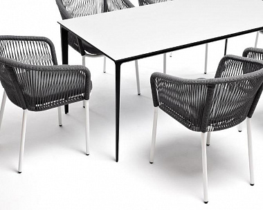 Обеденная группа Малага 4SIS на 6 персон со стульями "Марсель", каркас белый, роуп серый