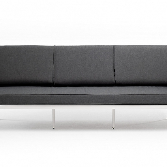 Канны диван 3-местный плетеный из роупа, каркас алюминий белый муар, роуп светло-серый круглый, ткань темно-серая 027 фото 3