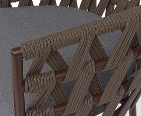 Диего стул барный плетеный из роупа, каркас из стали коричневый (RAL8016) муар, роуп коричневый круглый, ткань темно-серая 027