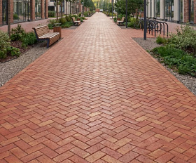 Клинкерная брусчатка ЛСР Ницца золото 200х100х50 мм, тёмно-красный