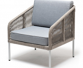 Канны кресло плетеное из роупа, каркас алюминий светло-серый (RAL7035) муар, роуп серый меланж круглый, ткань светло-серая