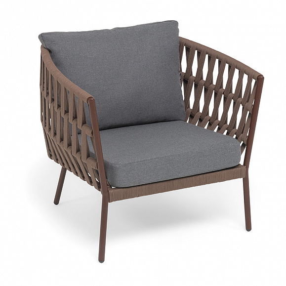 Диего кресло плетеное из роупа, каркас алюминий коричневый (RAL8016) муар, роуп коричневый круглый, ткань темно-серая 027 фото 3