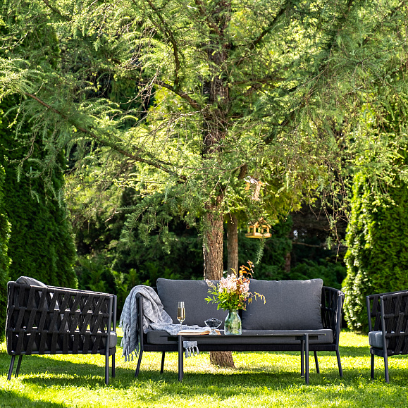 Диего лаунж-зона 4-местная плетеная из роупа (веревки), каркас алюминиевый темно-серый, роуп темно-серый фото 3