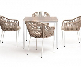 Обеденная группа Малага 4SIS на 4 персоны со стульями "Лион", каркас белый, роуп бежевый