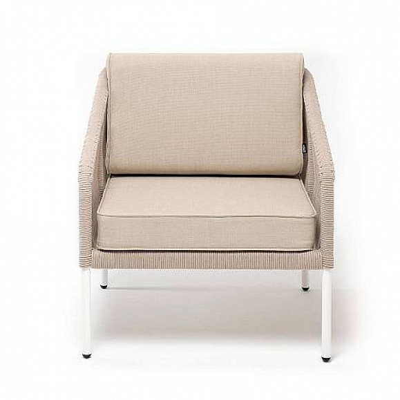 Кресло Канны 4SIS плетеное из роупа, каркас алюминий белый муар, роуп бежевый круглый, ткань бежевая 52 фото 2