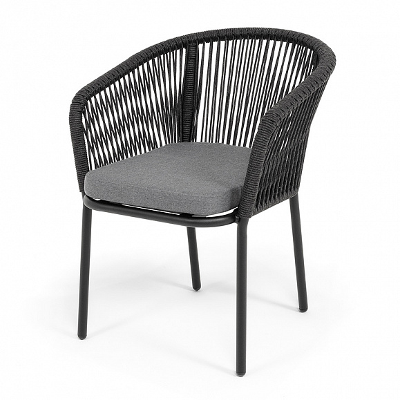 Марсель стул плетеный из роупа, каркас алюминий черный муар, роуп темно-серый круглый, ткань темно-серая 027 фото 1