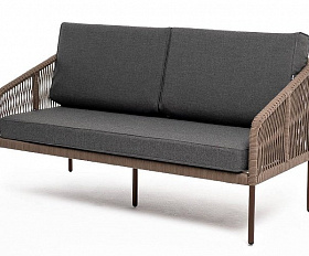 Диван Канны 4SIS 2-местный плетеный из роупа, каркас алюминий коричневый (RAL8016) муар, роуп коричневый круглый, ткань темно-серая 27