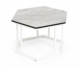 Женева интерьерный стол из HPL шестиугольный, D50, H35, цвет мрамор пепел, каркас из стали белый муар