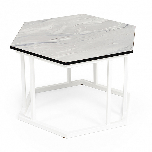 Женева интерьерный стол из HPL шестиугольный, D50, H35, цвет мрамор пепел, каркас из стали белый муар фото 3