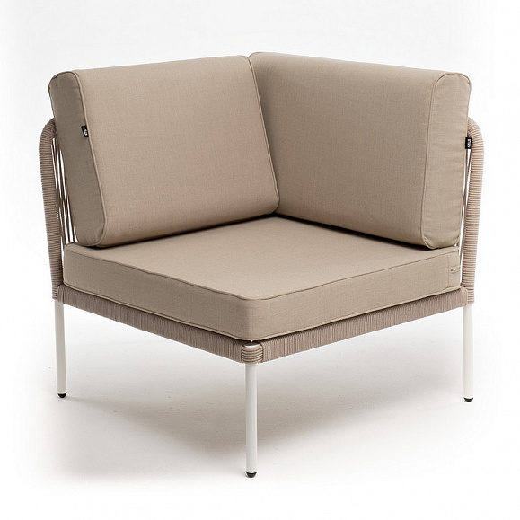 Канны угловой модуль плетеный из роупа, каркас алюминий белый муар, роуп бежевый круглый, ткань бежевая 15052 фото 1