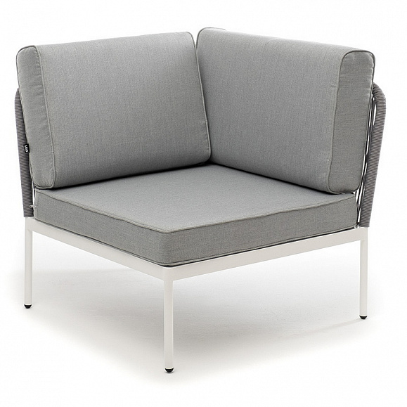 Канны угловой модуль плетеный из роупа, каркас алюминий белый муар, роуп светло-серый круглый, ткань светло-серая фото 1