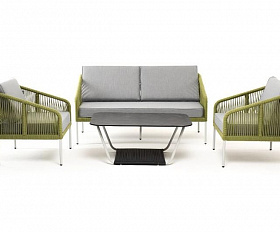 Лаунж-зона Канны 4-местная из роупа со столом "Глория" (серый гранит), каркас алюминиевый светло-серый, роуп салатовый меланж