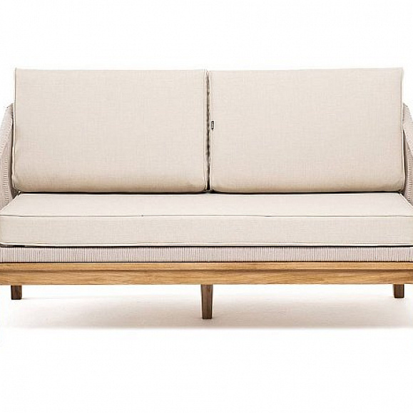 Диван Канны 4SIS 2-местный плетеный из роупа, основание дуб, роуп бежевый круглый, ткань бежевая 15052 фото 2