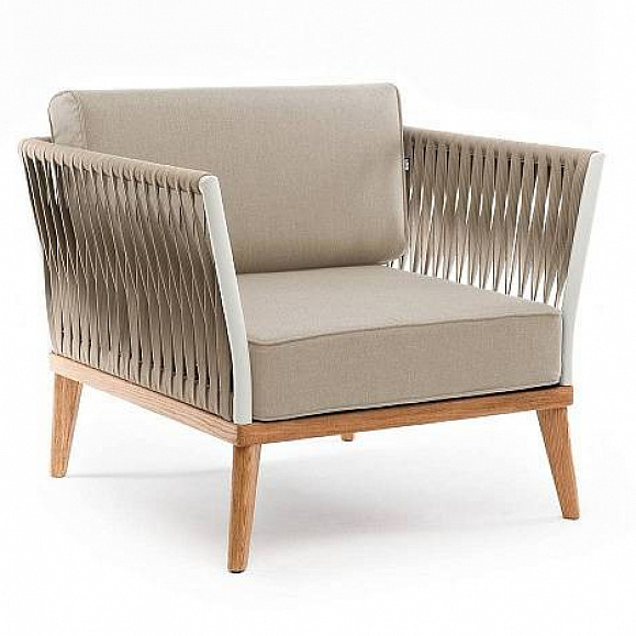 Кресло Касабланка 4SIS плетеное из роупа, основание дуб, каркас алюминий светло-серый (RAL7035) муар, роуп серо-коричневый 23мм, ткань бежевая 52 фото 2