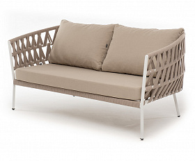 Диего диван 2-местный плетеный из роупа, каркас алюминий белый муар, роуп бежевый круглый, ткань бежевая 052