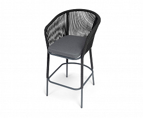 Марсель стул барный плетеный из роупа, каркас из стали темно-серый (RAL7024) муар, роуп темно-серый круглый, ткань темно-серая 027 NEW
