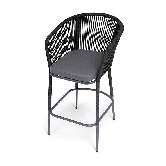 Марсель стул барный плетеный из роупа, каркас из стали темно-серый (RAL7024) муар, роуп темно-серый круглый, ткань темно-серая 027 NEW фото 4