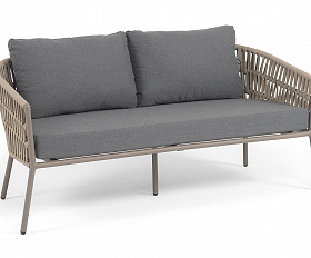 Комо диван 2-местный плетеный из роупа, каркас алюминий бежево-серый (RAL7006) муар, роуп серо-коричневый 23мм, ткань темно-серая 027
