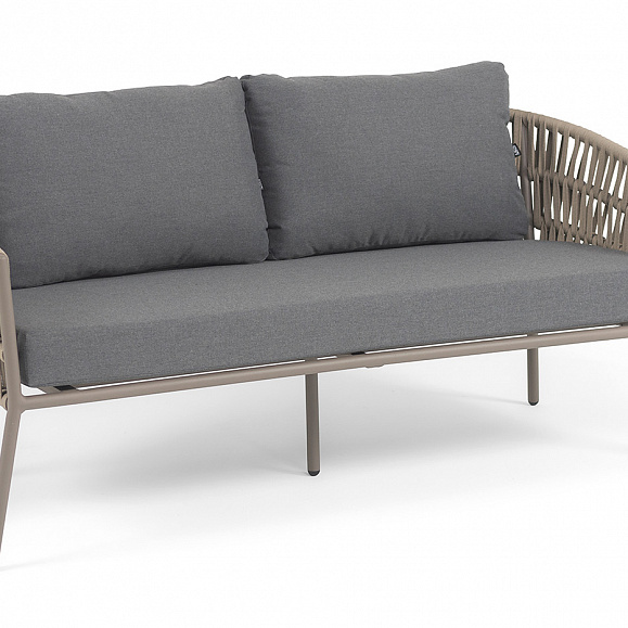 Комо диван 2-местный плетеный из роупа, каркас алюминий бежево-серый (RAL7006) муар, роуп серо-коричневый 23мм, ткань темно-серая 027 фото 2