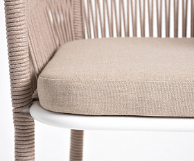 Марсель стул барный плетеный из роупа, каркас из стали белый муар, роуп бежевый круглый, ткань бежевая 15052