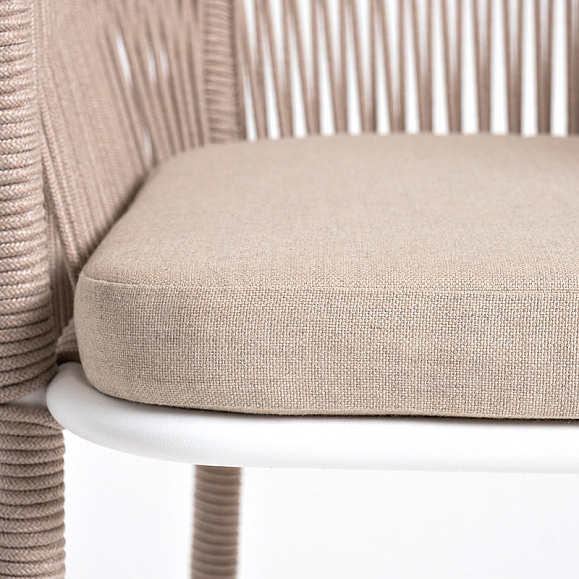 Марсель стул барный плетеный из роупа, каркас из стали белый муар, роуп бежевый круглый, ткань бежевая 15052 фото 7