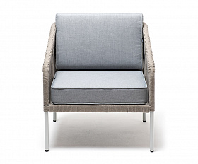 Канны кресло плетеное из роупа, каркас алюминий светло-серый (RAL7035) муар, роуп серый меланж круглый, ткань светло-серая