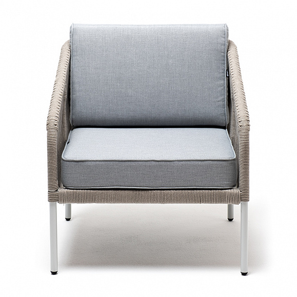 Канны кресло плетеное из роупа, каркас алюминий светло-серый (RAL7035) муар, роуп серый меланж круглый, ткань светло-серая фото 2