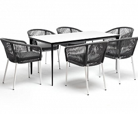 Обеденная группа Малага 4SIS на 6 персон со стульями "Марсель", каркас белый, роуп серый