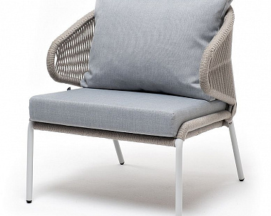 Кресло плетеное Милан 4SIS из роупа, каркас алюминий светло-серый (RAL7035) шагрень, роуп серый меланж круглый, ткань светло-серая