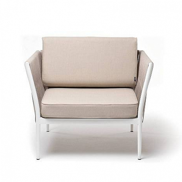 Кресло Касабланка 4SIS плетеное из роупа, каркас алюминий белый муар, роуп бежевый 20мм, ткань бежевая 52 фото 2