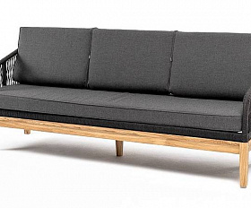 Диван Канны 4SIS 3-местный плетеный из роупа, основание дуб, роуп темно-серый круглый, ткань темно-серая 27