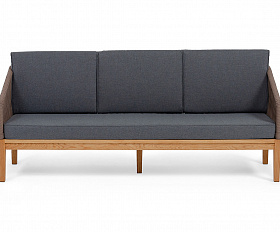 Канны диван 3-местный плетеный из роупа, основание дуб, роуп коричневый круглый, ткань темно-серая 027