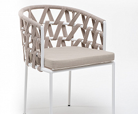 Диего стул плетеный из роупа, каркас из стали белый муар, роуп бежевый круглый, ткань бежевая 15052